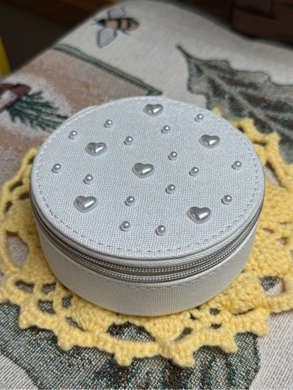 Round Silver Jewelry Travel Case with Heart and Small Pearl Beads